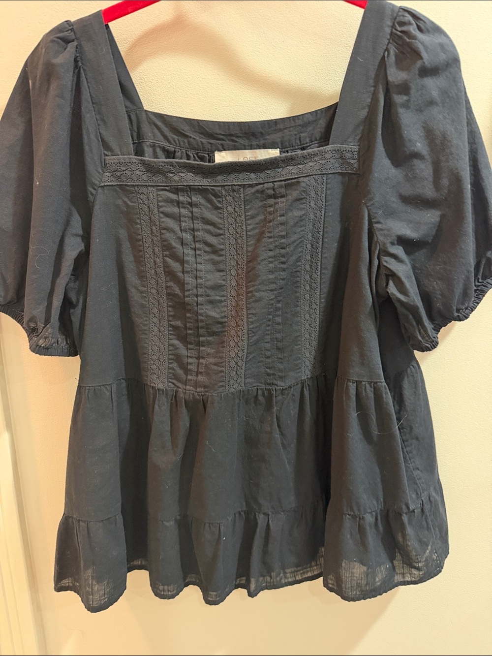 LOFT Black Square-Neck Tiered Puff-Sleeve Tunic